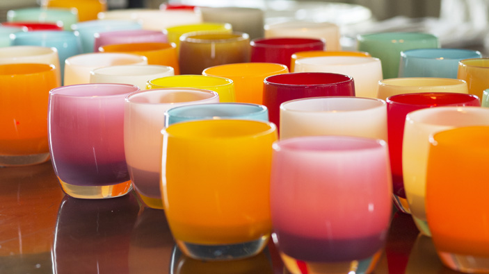 glassbaby candles in an assortment of colors