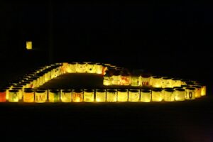 bags with lights arranged in a heart shape.