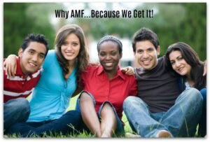 Why AMF? Group of people together smiling.