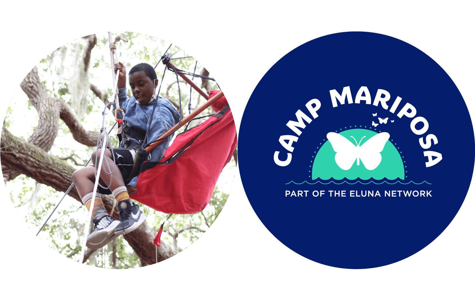 Camp Mariposa Campers and Camp Mariposa logo on a circular blue background